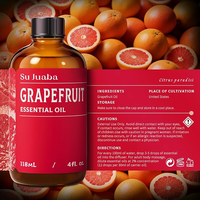SU JUABA Grapefruit Essential Oil 4 Fl Oz for Massage, Diffuser, Aromatherapy, Hair & Skin Care - 118ML