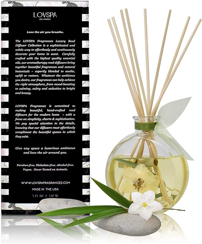 Reed Diffuser Set, Bamboo Jasmine Scented Oil Diffuser with Sticks, Home Fragrance Accessories for Bathroom Shelf Decor, Aroma Diffusers for Home or Office Desk, USA Made