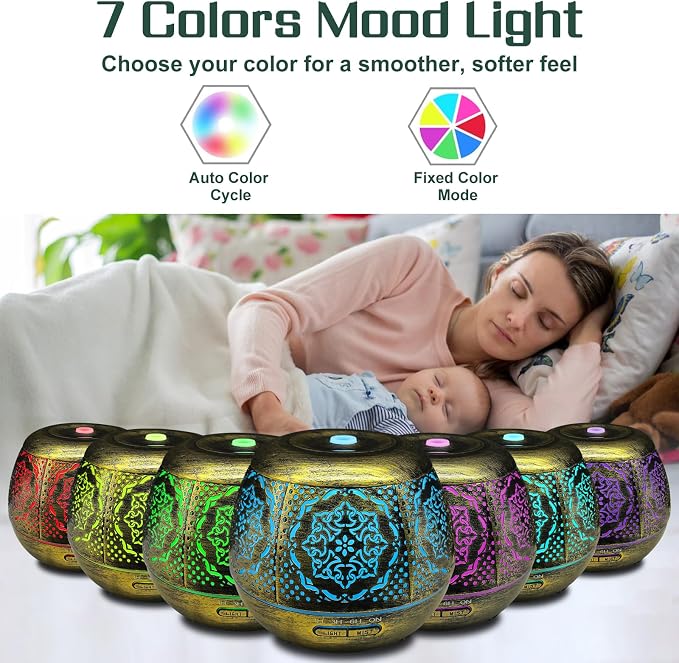 500ml Metal Essential Oil Diffuser, Antique Gold Aromatherapy Diffuser, Moroccan Hollow Out Design, 7 Color LED, Timer, Auto Shut-Off, Vintage Iron Cool Mist Humidifier for Large Room, Home Decor Gift