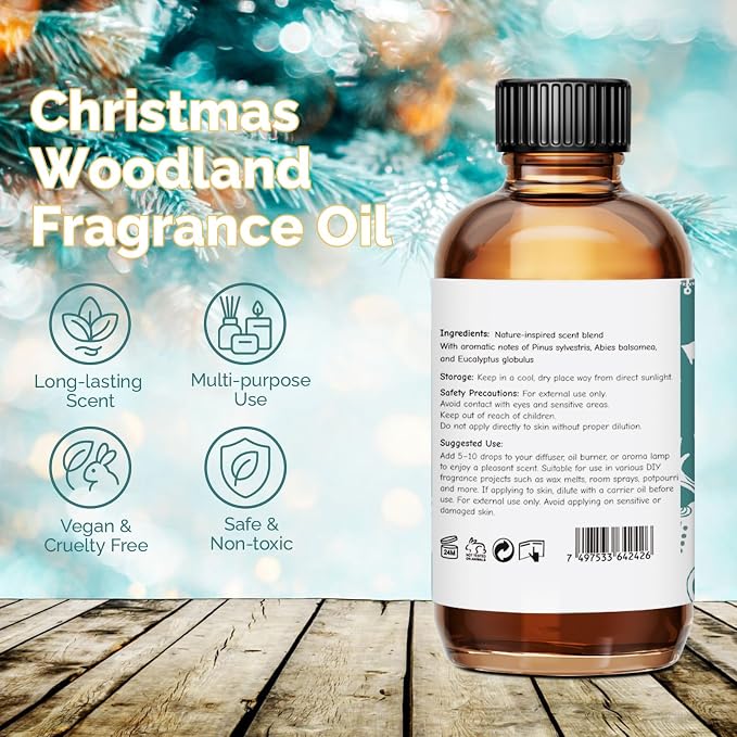 GM Gumili Christmas Woodland Fragrance Oil 2 Oz, Natural Scent Oil for Home Essential Oils Diffuser, Candle Making, Soap Making, DIY Body Oils, Perfume, Body Mist, Spray - Fall Winter Scent