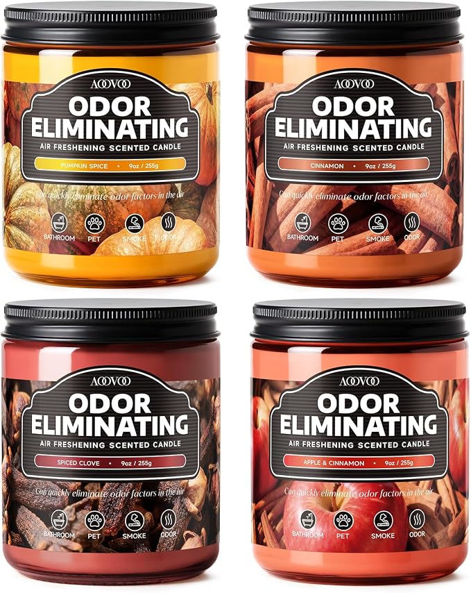 AOOVOO 4 Pack Odor Eliminating Fall Candle Set - Eliminates 95% of Pet, Smoke, Food, and Other Smells Quickly, Air Freshing Soy Candle, Pumpkin Spice/Apple Cinnamon/Spiced Clove/Cinnamon