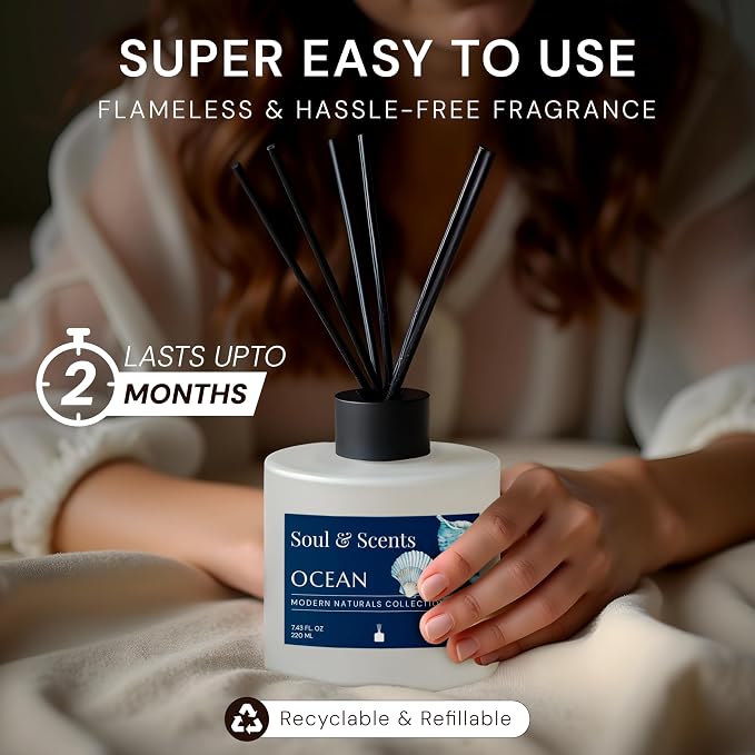 Soul & Scents Reed Diffuser Set – Ocean | 7.43 oz Refillable Scented Oil with 6 Fiber Sticks | Long-Lasting Home Fragrance & Air Freshener for Bedroom, Bathroom, Office | Gift & Décor Piece