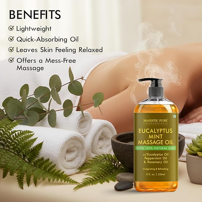 MAJESTIC PURE Eucalyptus Mint Massage Oil for Massage Therapy - Refreshing, and Relaxing - Natural Oils with Eucalyptus Essential Oil - for All Skin Types - Men and Women Massage Lotion- 8 fl oz