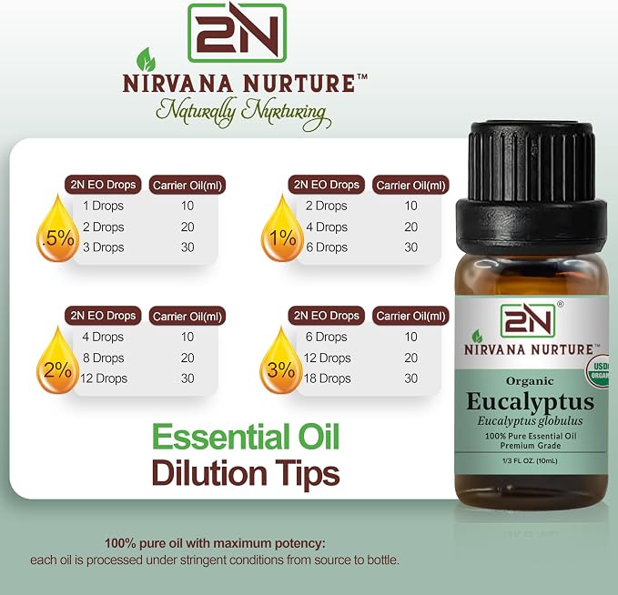Eucalyptus Essential Oil, USDA Certified Organic, 100% Pure Undiluted, Aromatherapy Oil for Diffuser, Hair & Skin Care