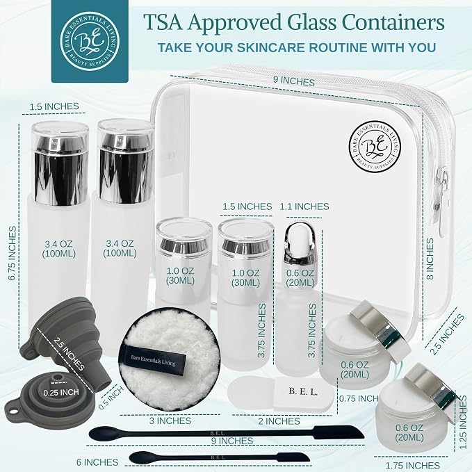 14 Pcs Glass Travel Skincare Containers Set-TSA Approved Toiletry Bag & Glass Travel Bottles for Toiletries Pump, Spray & Dropper Bottles Travel Size for Foundation, Serum Moisturizer Oil & Cream