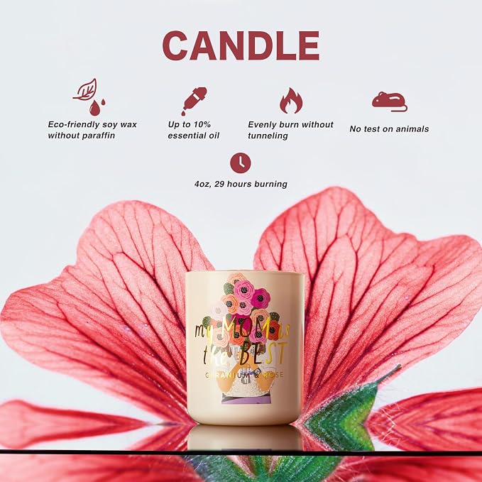 Hidden Label Soy Candle Set: Geranium & Rose 'Best Mom' Gift with Reed Diffuser & Room Spray