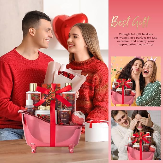 Spa Gift Basket Gifts for Women, spa kit Gifts for Her Mother's Day Bath Spa Gift Set Red Rose & Tulip Spa Basket Kits for Women, Bath & Body Set, Self Care Pamper Kit, Self-care baskets Mother Gift