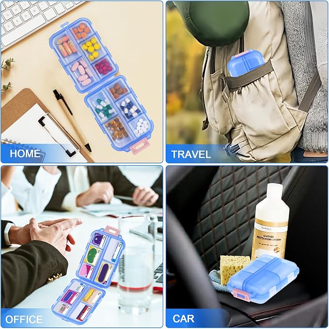 Travel Pill Organizer with 189 Medicine Labels, 10 Compartments Small Pill Case Compact and Portable Travel Pill Box for Airplane Car Purse Nurse Vacation Essentials (Blue, 1 Pack)