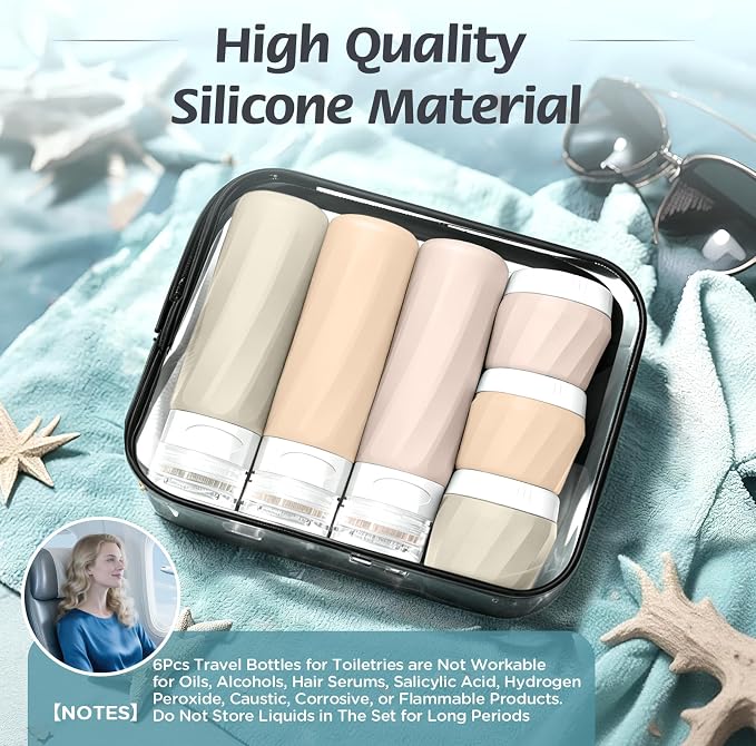 6Pcs Travel Bottles for Toiletries, TSA Approved Travel Size Toiletries Containers Set, BPA-FREE Silicone Leak Proof Refillable Bottles and Jars, Women & Men Airplane Cruise Essentials Kit(CREAM)