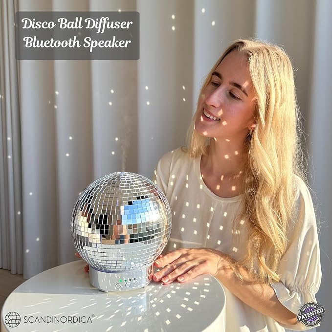 SCANDINORDICA Disco Ball Diffuser Speaker - Large 300 mL Rotating Disco Ball Essential Oil Diffuser with Whisper Quiet Operation, 7 Color LED Night Light & 4 Time Settings | Cute Bluetooth Speaker