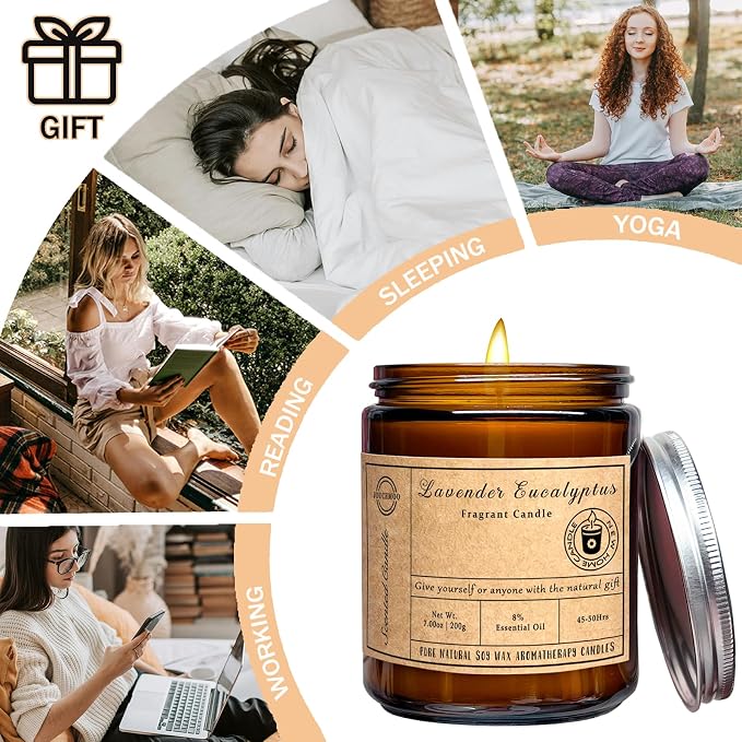 Scented Candles - Lavender Eucalyptus Candles for Home Scented, 7oz Soy Wax Aromatherapy Candle, Stress Relief, Calming Candle for Relaxation, Non Toxic, Birthday Gifts for Women & Men