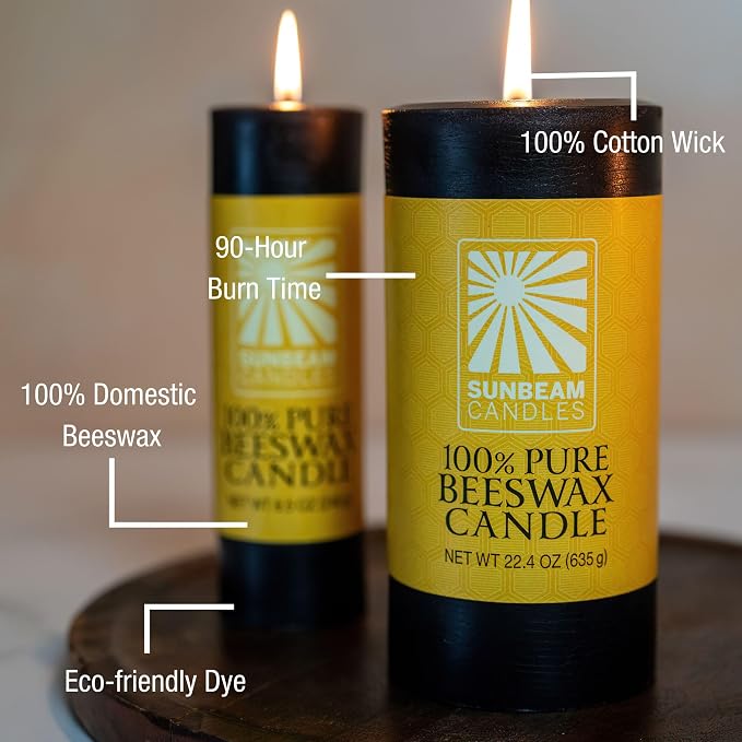 Sunbeam Candles 100% Pure Beeswax Pillar Candles | Long Burning All Natural Non-Toxic Beeswax Candles | Made in USA (Smooth, Midnight Black, 3"x6.25")