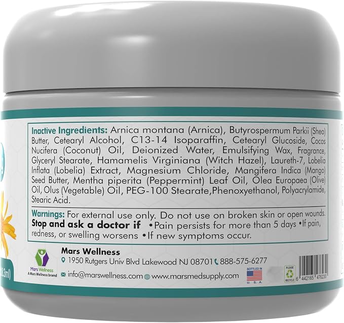 Mars Wellness MG+ Magnesium Cream Pain Relief - Extra Strength Magnesium and Arnica Cream - 4 OZ Tub - Neuropathy, Muscle Pain, and Leg Cramps Relief - 5 Pack