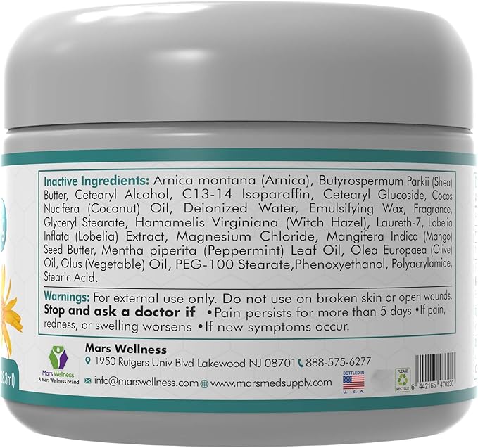 Mars Wellness MG+ Magnesium Cream Pain Relief - Extra Strength Magnesium and Arnica Cream - 4 OZ Tub - Neuropathy, Muscle Pain, and Leg Cramps Relief - 1 Pack