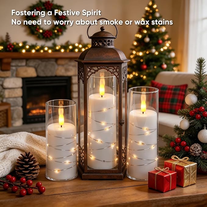 Raycare Flameless Candle with Remote Timer, 3 Flickering Acrylic Battery Operated LED Pillar Candles with Embedded Star String for Home Decor, Christmas, Wedding, Home Table Decor(White)