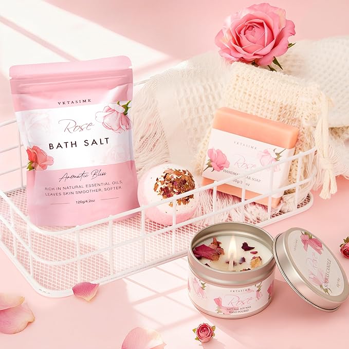 Gifts for Women Birthday, Bath and Body Gift Basket Mothers Day Gifts, Rose Home Spa Set Self Care Gift, Thank You for Mom Sister Her Teacher Friends Friendship