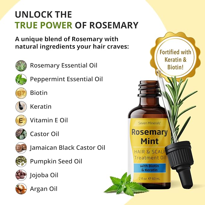 Seven Minerals Rosemary Oil for Hair Growth, Infused with Biotin, Keratin, Mint, and Natural Strengthening Oils for Men & Women, 2 fl oz