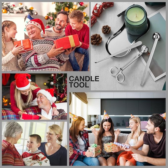 PATOISE 4 in 1 Candle Accessory Set, Candle Wick Trimmer Cutter, Candle Snuffer, Candle Wick Dipper Mini, Tray Holder in Gift Package for Candle Aromatherapy Lovers(4PCS Silver)
