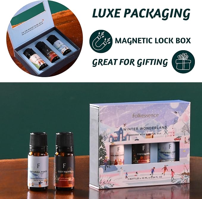 Folkulture Winter Essential Oils Set | Set of 3 Fragrance Oils for Diffusers | White Woods, Cashmere & Lavender | Relaxing Aromatherapy Gift for Home | Special Day, Valentine’s Day Gift Set