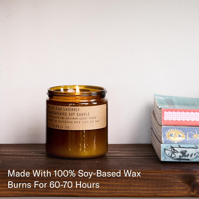 P.F. Candle Co. Ojai Lavender Classic Large Concentrated Scented Soy Wax Candle (12.5 oz) 60-70 Hour Burn Time, Amber Glass Jar, Made in the U.S.A.