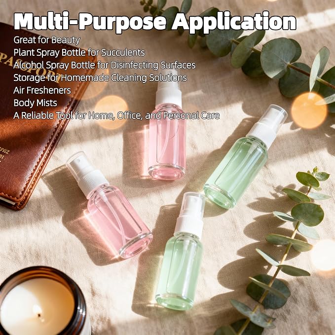 4 Pack 2oz Clear Glass Spray Bottles, Fine Mist Refillable Atomizer for Essential Oils, Perfume, Hair, Face & Travel | Leak-Proof Mini Empty Spritzer Bottles with Labels, Funnel & Pipette (60ml)