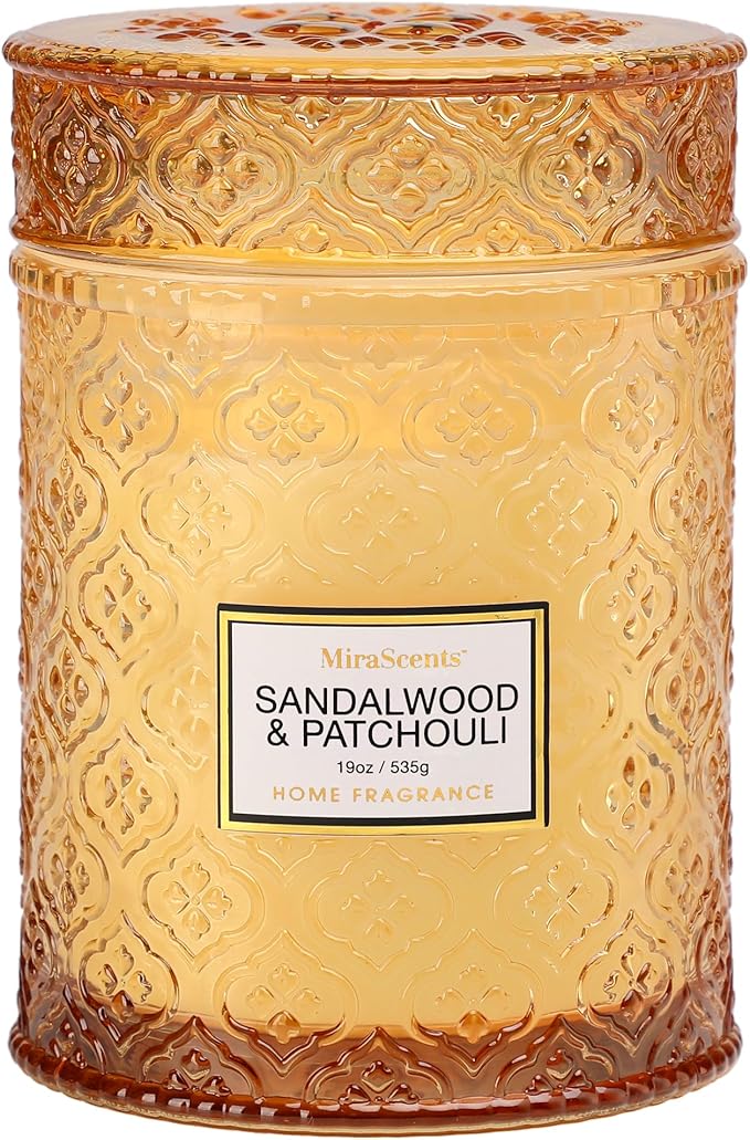 Sandalwood & Patchouli Candle, Luxury Decorative Glass Candle 19oz, Soy Wax Scented Gift for Women, Elegant Home Fragrance