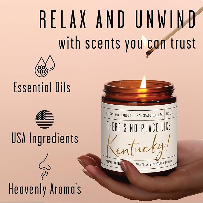 Kentucky Gifts, Kentucky Decor for Home - 'There's No Place Like Kentucky Candle, w/Tobacco, Vanilla & Kentucky Bourbon I Kentucky Souvenirs I Kentucky State Gifts I 9oz Jar, 50Hr Burn, USA Made