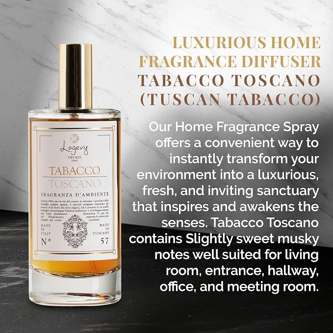Logevy Firenze 1965 Tabacco Toscano – Tuscan Tobacco Luxury Home Fragrance Spray from Master Perfumer in Italy with Sweet Musky Notes to Captivate The Senses & Enliven Any Room – 100ml