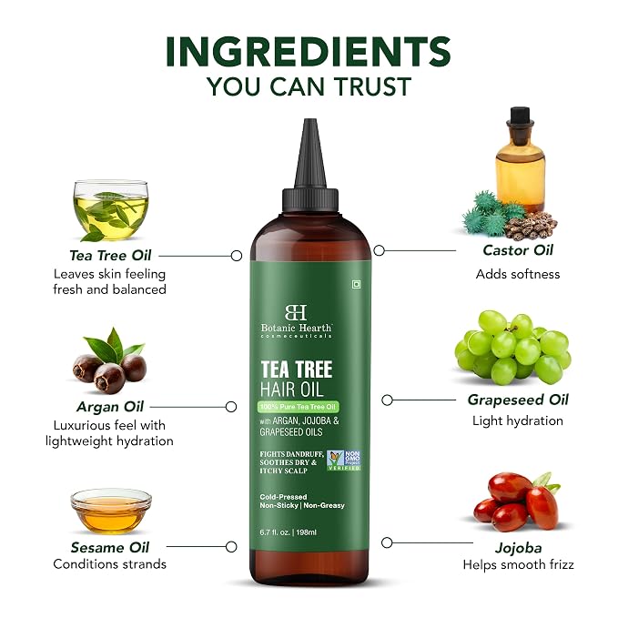 Botanic Hearth 100% Pure Tea Tree Scalp Oil for Hair Growth, Dandruff & Itchy Scalp Relief 6.7 Fl Oz | Infused with Coconut Oil | Repairs Dry Damaged Hair & Strengthens Hair | All Hair Types