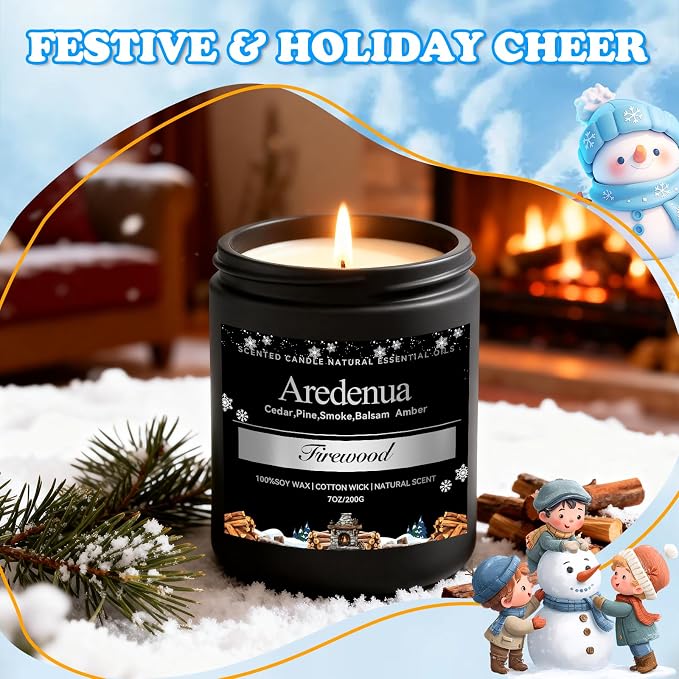 Firewood Candle – Winter Candles | Holiday Scented Candles, 7oz Jar Soy Candle for Home Scented - 50H Burn - Smoky Fireplace Cozy & Warm Scent, Christmas Holiday Décor Gifts for Women & Men
