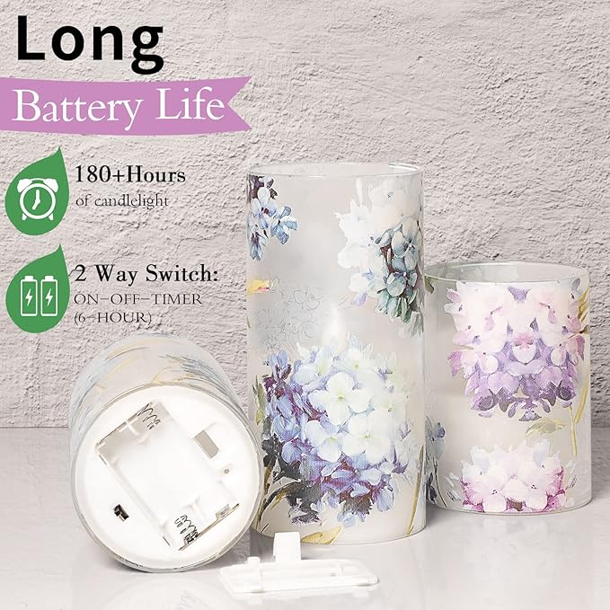 Hydrangea Flameless Candles with Remote Blinks Glass Real Wax LED Candles - Home Party Wedding Romantic Love Theme Summer Holiday Decor - Set of 3