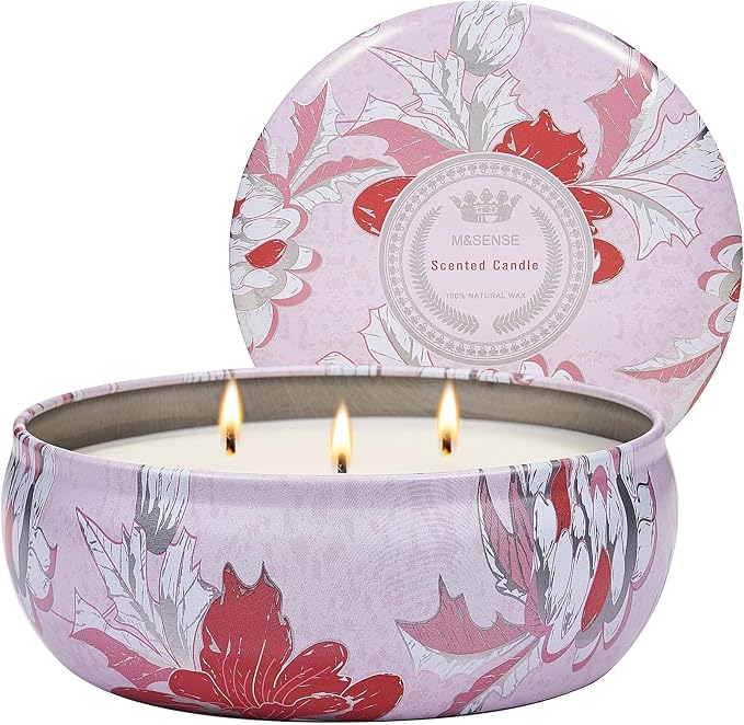 M&SENSE Strawberry Poundcake Scented Candle 12 oz | Large 3 Wick Soy Tin, Over 40 Hour Burning Time, 100% Natural Vegan Wax, Relaxing Aromatherapy