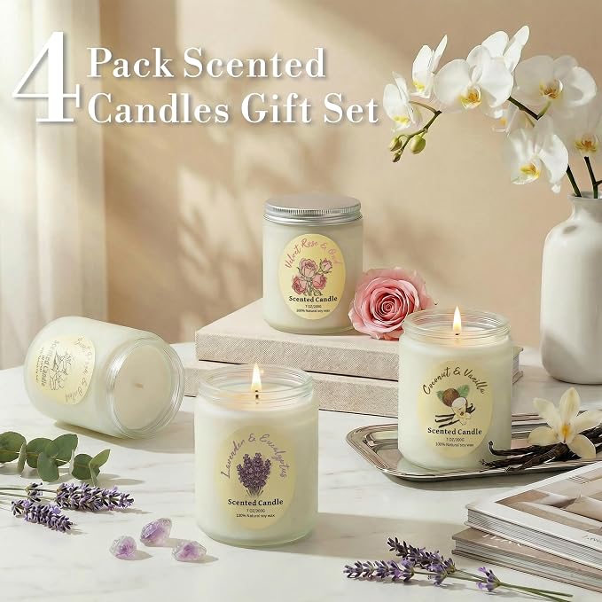 Scented Candles Gift Set 4 Pack, Soy Wax Aromatherapy Candles with Lavender Rose Coconut Vanilla, Long Lasting 200 Hours Burn, Non Toxic Home for Birthday Bath, Relaxation,Mothers Day, Gifts for Women