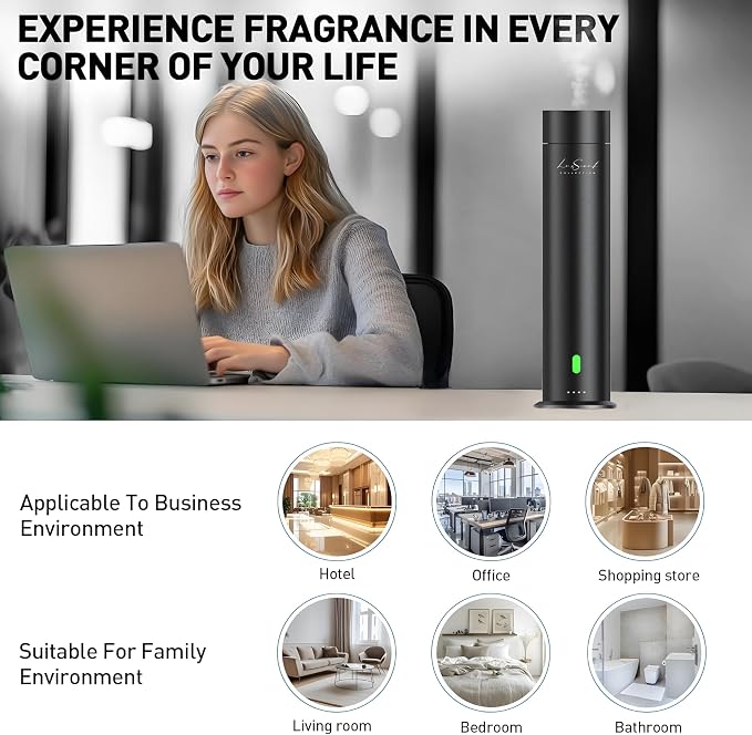Wireless Aroma Diffuser Scent Oil - Home Luxury Portable Scent Diffuser - Remote Control Waterless Diffuser - 1000 sq. ft Coverage - Essential Oil 20ml Sample Pack Included - Aromatherapy (Black)