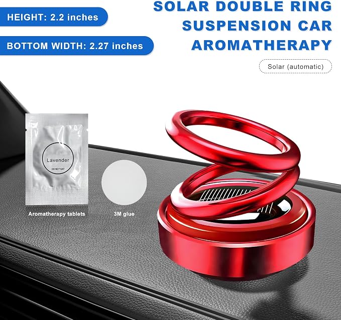 Solar Rotating Car Air Freshener, Solar Energy Refillable Car Dashboard Aromatherapy Ornament, Double Ring Fragrance Diffuser Decorative Accessories for Vehicle Home Office (Red)