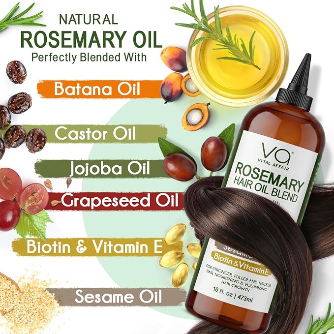 VITAL AFFAIR Blend Of Pure Rosemary Oil For Hair Growth With Castor, Batana, Jojoba Oil-Infused With Biotin & Vitamin E-Blend of Effective Hair Oils for Hair Growth-Strengthening Treatment 16 Fl Oz