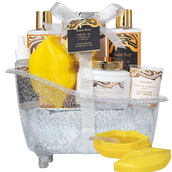 Spa Gift Basket, beauty bath kit Mother Day Gifts for Women, Bath and Body Almond Milk Vanilla Spa Gifts for Women, Bath Gift Set Christmas, Scent Lotion, Lip Mask, Birthday Holiday Bridal Shower