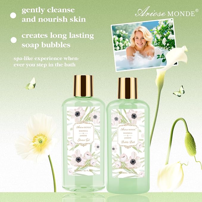Spa Gifts for Women, Bath Sets, 7Pcs Spa Gift Set w/Shower Gel, Bubble Bath, Bath Salts, Bath Bomb, Body Lotion, Christmas Gifts for Women, Magnolia & Jasmine Bath Set