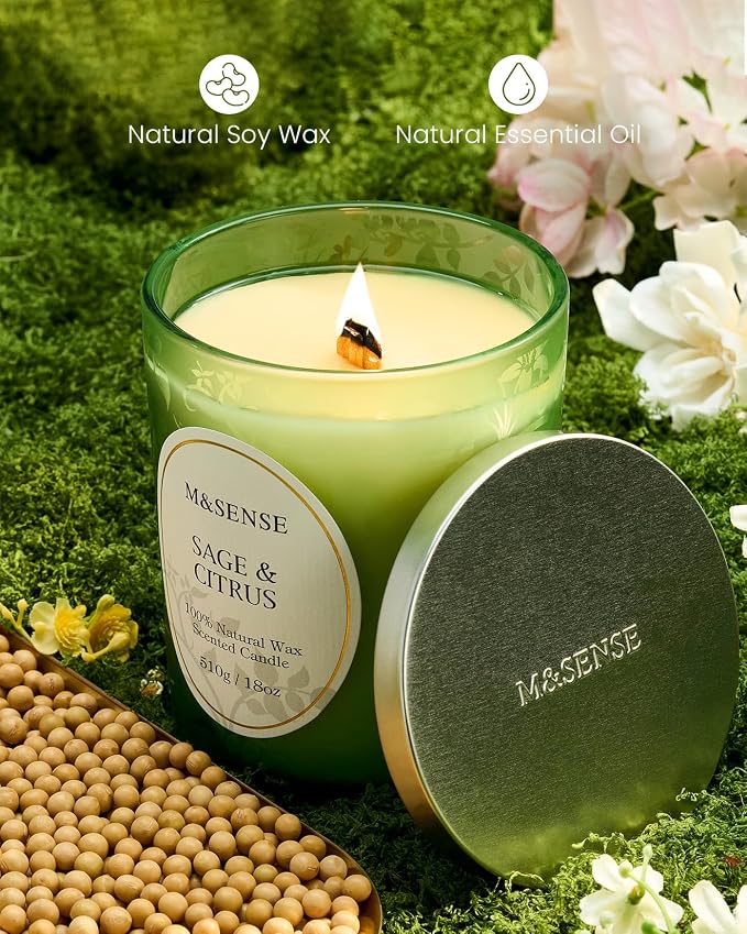 M&SENSE Sage Citrus Soy Candle, Cracking Wooden Wick 18oz | 100 Hours Long Lasting, Clean Burn, Winter Aromatherapy, Non-Toxic, Relaxing Gifts For Women