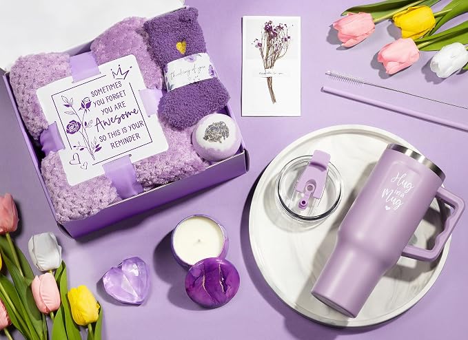Birthday Gifts for Women Self Care Get Well Soon Gifts, Lavender Relaxing Spa Bath Gift Basket Care Package w/ Flannel Blanket 40 OZ Tumbler, Mother's Day Gift for Mom Her Wife Girlfriend Grandma