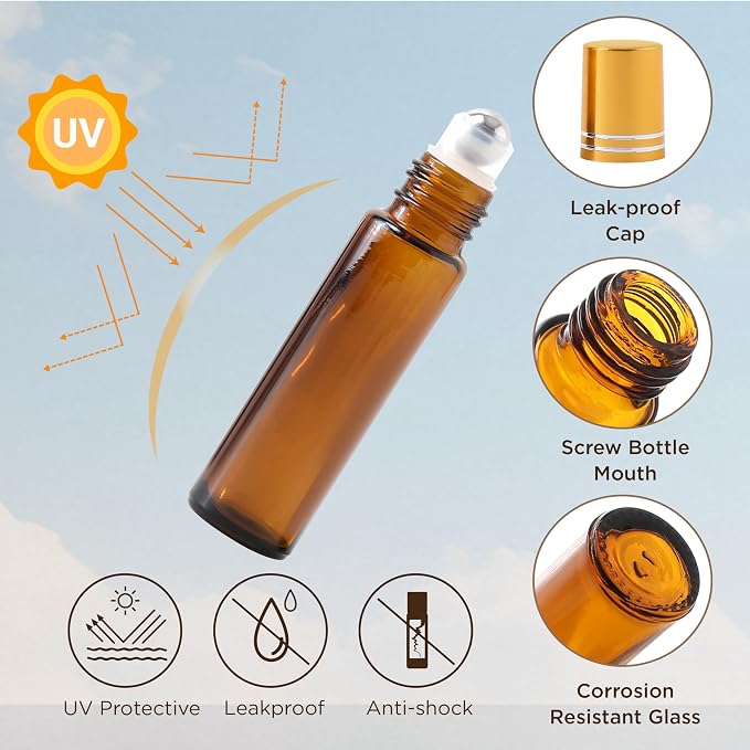 Essential Oil Roller Bottles, 10ml Thick Glass Perfume Roller Bottles with Funnel Opener and Dropper Colored Glass Empty Bottles with Stainless Steel Roller Balls (Brown - golden cover, 4 Pack)
