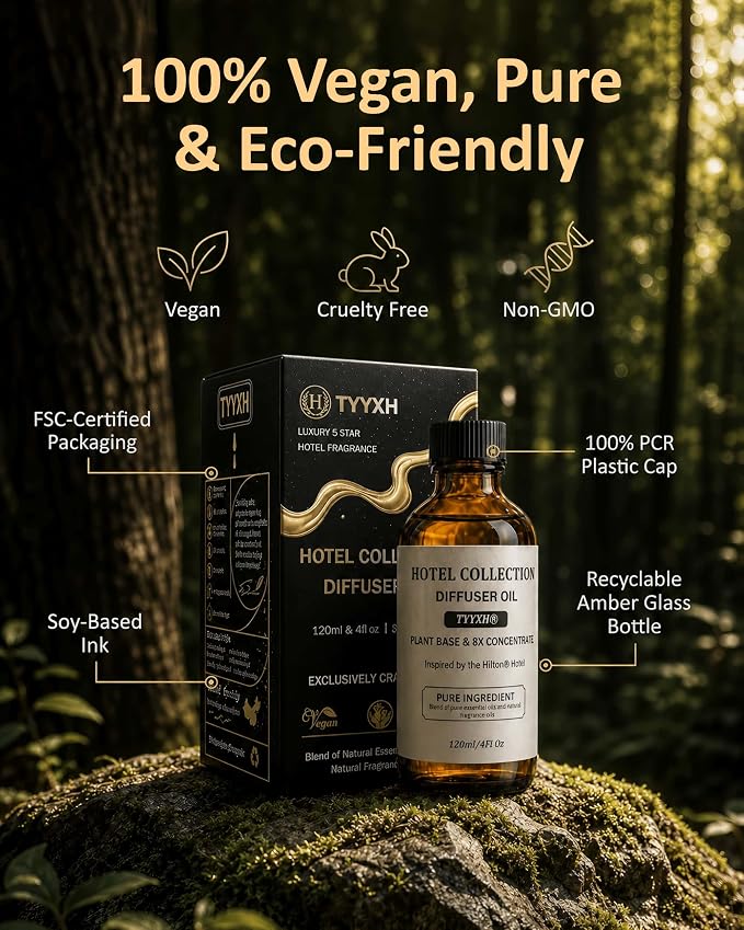 Hotel Diffuser Oil Inspired by Hilton Hotel – Fragrance & Essential Oil Blend for Waterless & Cold Air Diffusers – Floral, Lemon, Cedar – Long-Lasting Aroma – Aromatherapy, Home – 4 Fl Oz Glass Bottle