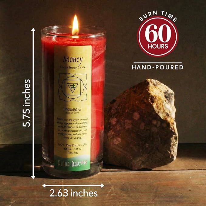 Premium Scented Candle Hand Made Chakra Energy Jar | 11 Oz Jar | Money, Muladhara| Yoga, Prayer & Meditation Candle | Long Burn 60 Hours | Essential Oils of Cassia, Clove & Nutmeg | Aloha Bay