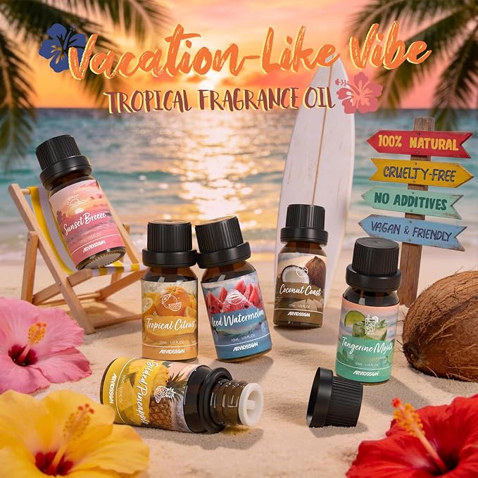 ARVIDSSON Hawaii Fragrance Oil Set, Summer Essential Oils for Diffuser, Tropical Scent Oils - Sunset Breeze, Coconut Coast, Gild Pineapple, Tropical Citrus, Iced Watermelon, Tanderine Mojito