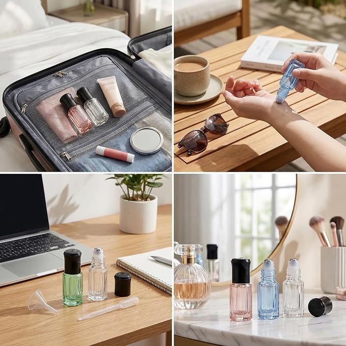 6Pcs 3ML Empty Clear Colorful Octagonal Glass Essential Oil Roller Bottles with Steel Roller Balls and Black Caps Refillable Perfume Roll-on Bottle Sample Dispensers Storage Container Vials Jars