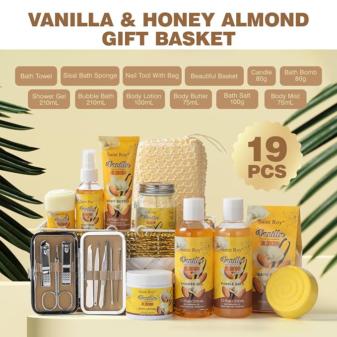 Coconut Almond Spa Gift Basket for Woman Man, 20Pcs Bath & Body Set | Gift For Women & Men, Home Spa Kit, Bath and body Self Care Gifts for Christmas, birthday, holiday gifts