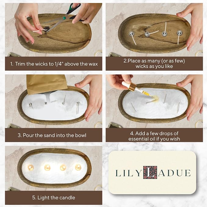 LILY LADUE Sand Candle Kit - 1Lb/16Oz Pearled Candles Sand and Wicks (24) with Wood Holder, Unscented Aroma Beads, Reusable Pearled Candle Wax for DIY Home Kit, Powder Beads Refill Available