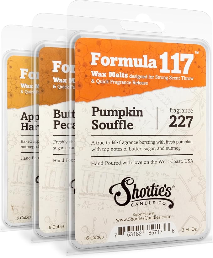 Shortie's Candle Company Fall Premium Wax Melts Variety 3 Pack - 9 Oz., Strong & Long Lasting, Non-Toxic - Made with Essential & Natural Oils - Formula 117
