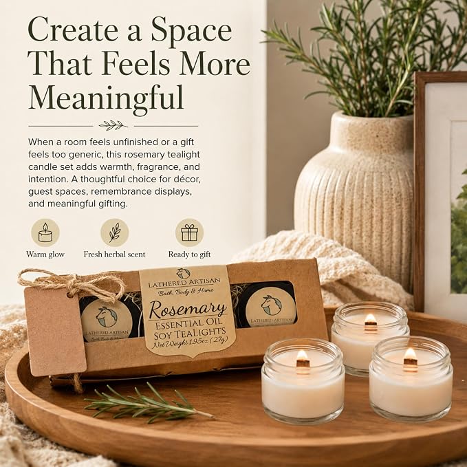 Rosemary Essential Oil Scented Tealight Candle Gift Set of 3 Handcrafted Natural Soy Candles Wooden Wick Dried Flowers Remembrance Home Office Aromatherapy Jar Tea Lights with Lids by Lathered Artisan