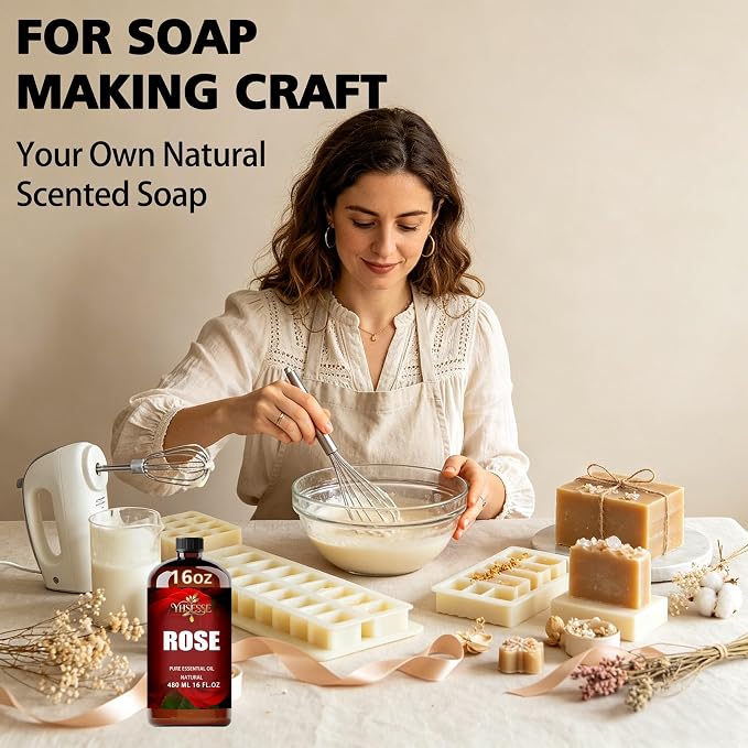 Rose Essential Oil, Rose Oil 16 Fl Oz 480ml for Diffuser Yoga Soap & Candle Making – with 0.33 Oz Roller Ball & Funnel YHSESSE Essential Oils
